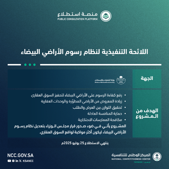 ندعوكم لإبداء المرئيات على مشروع (اللائحة التنفيذية لرسوم الأراضي البيضاء) الذي طرحته وزارة البلديات والإسكان من خلال منصة استطلاع